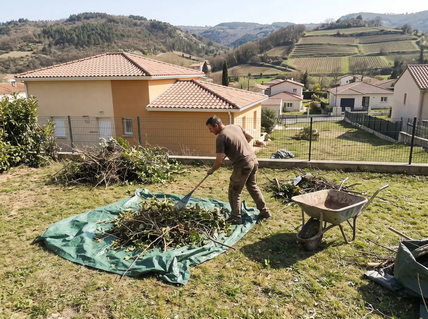 Ramassage des déchets de taille sur bâche